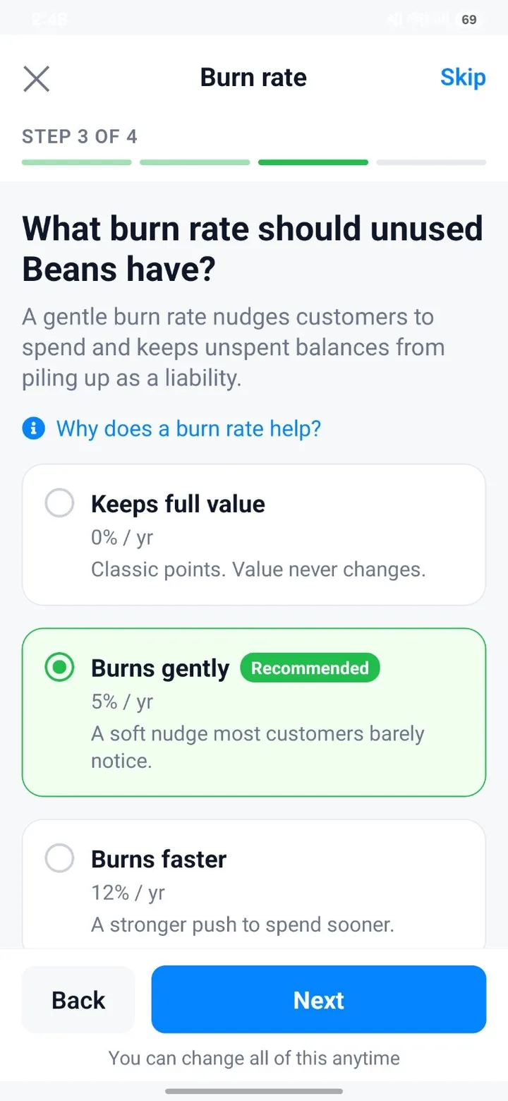 Burn-rate setting screen